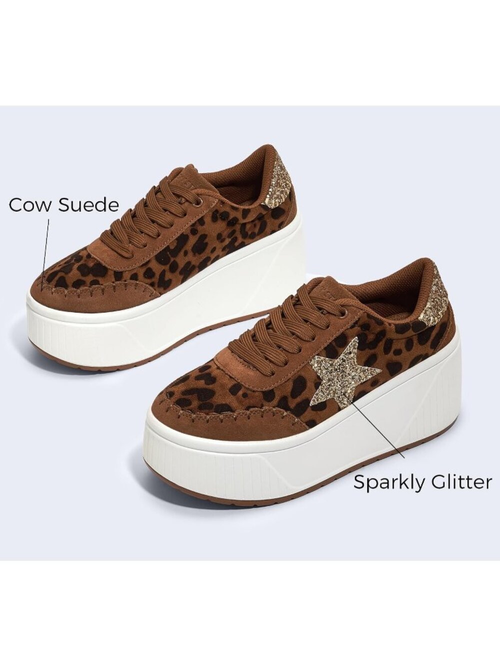 Women's Leopard Platform Chunky Fashion Star Glitter Sparkly Wedge Sneakers - Picture 4 of 6
